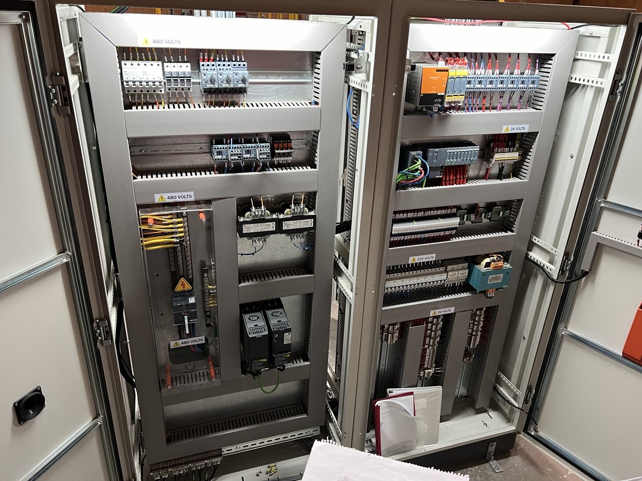 Completed dual-door control panel — power and logic sides